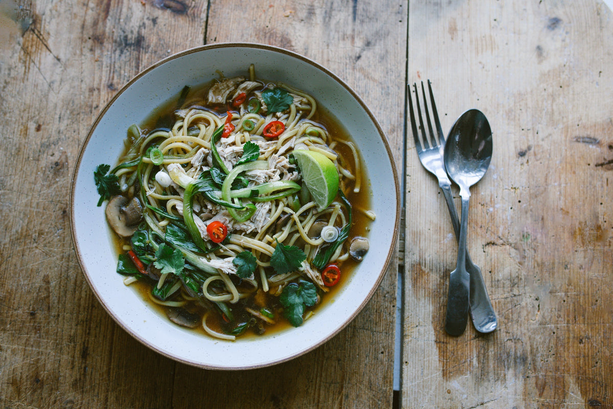 pulled pheasant kimchi salt noodle soup