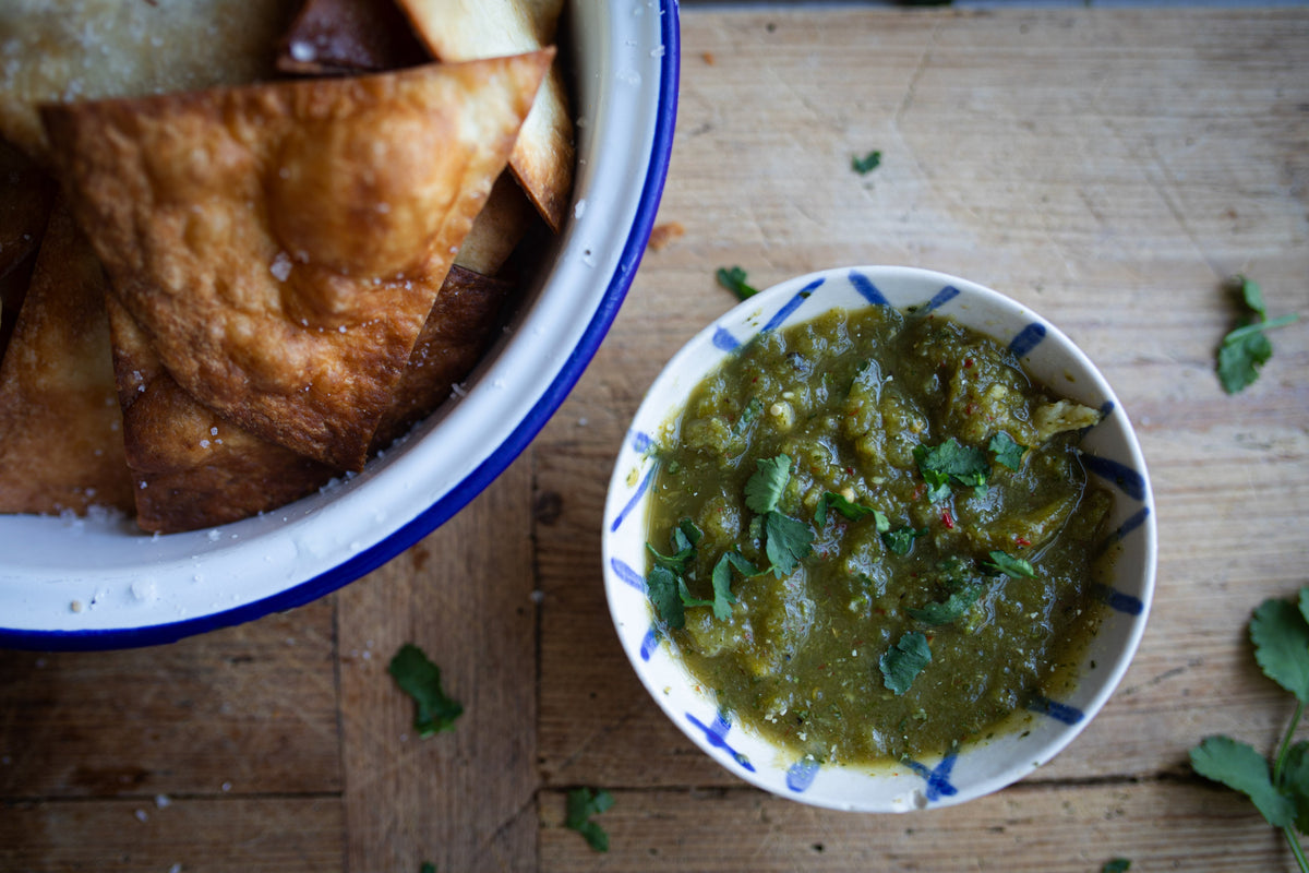 pickle salsa and flour tortilla chips