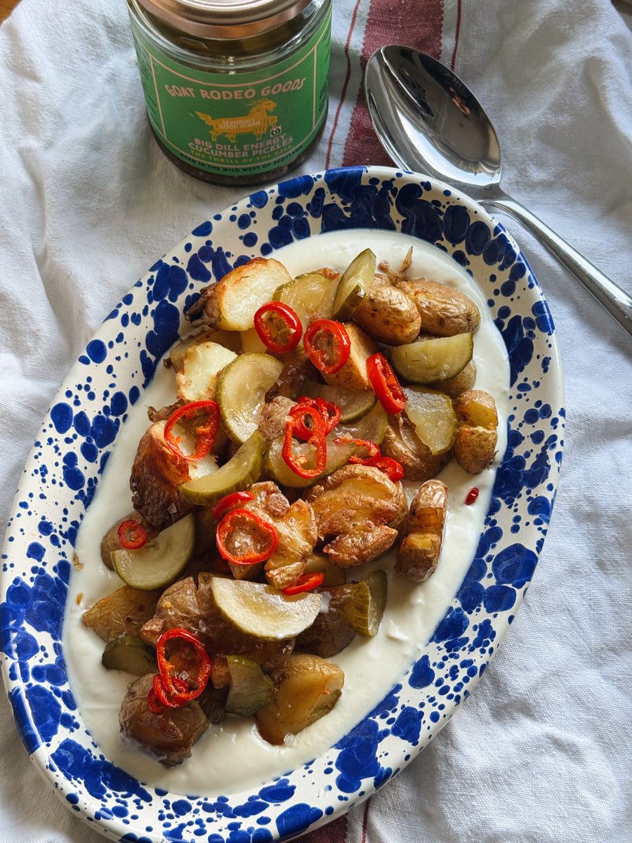 Smashed Potatoes with Yoghurt and Dill Pickles