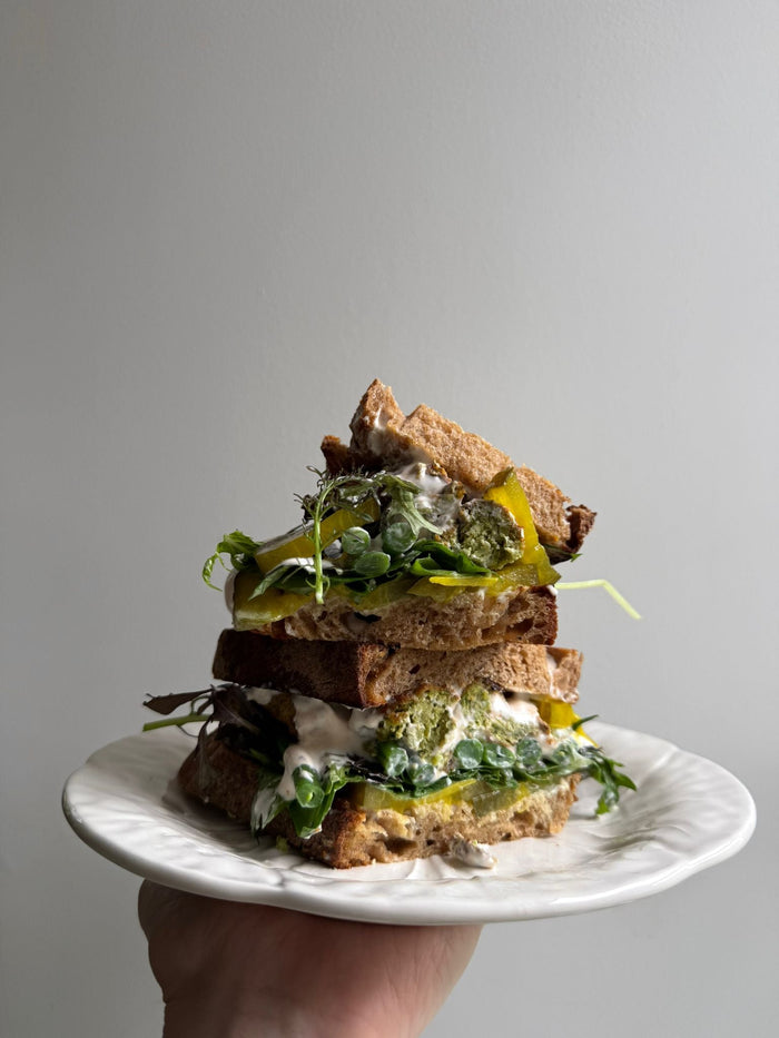 Flora Shedden's STACKED Bread and Butter Pickles with Herby Falafel, Green Beans and Spiced Yoghurt