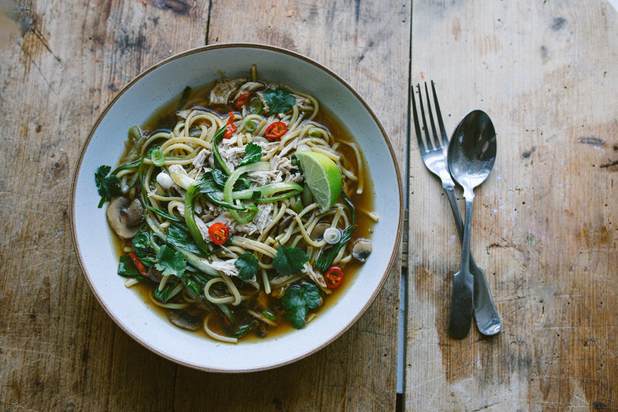 pulled pheasant kimchi salt noodle soup