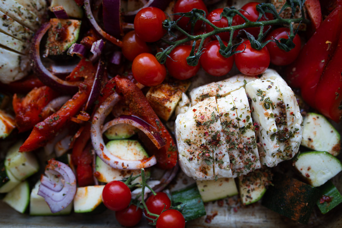 Hasselback Halloumi with Roasted Vegetables and Chickpeas