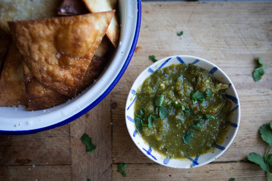 pickle salsa and flour tortilla chips