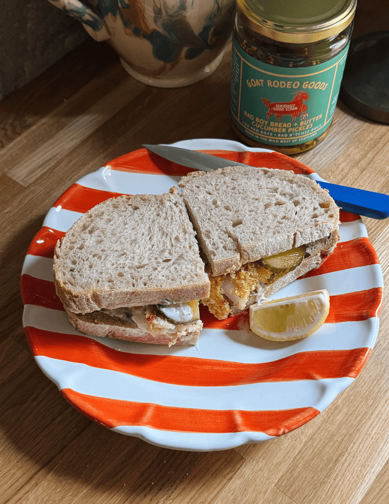 STACKED fish finger sandwich with Lucy's tartar sauce